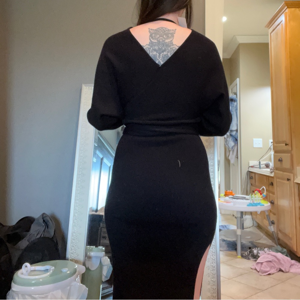 Black sweater dress, thick and comfortable.